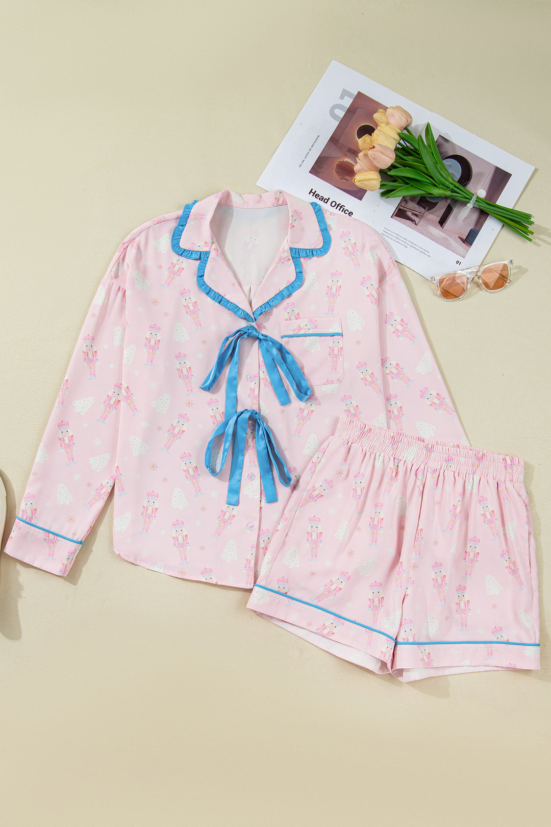 Pink Bow Tie Front Christmas Nutcracker Long Sleeve Shirt Shorts Pajama Set