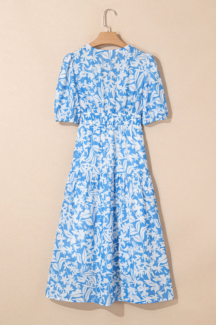 floral v neck puff short sleeve flowy long dress