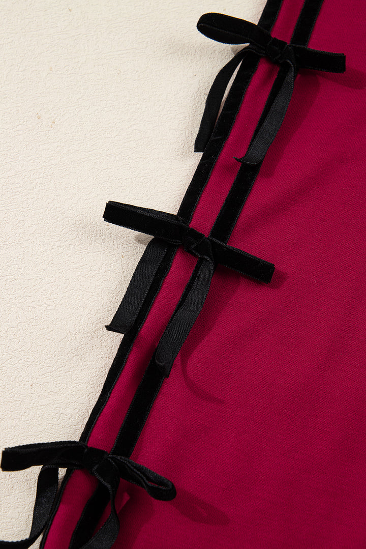 Contrast Striped Bow Detail Drop Shoulder Sweatshirt Dress with Pockets