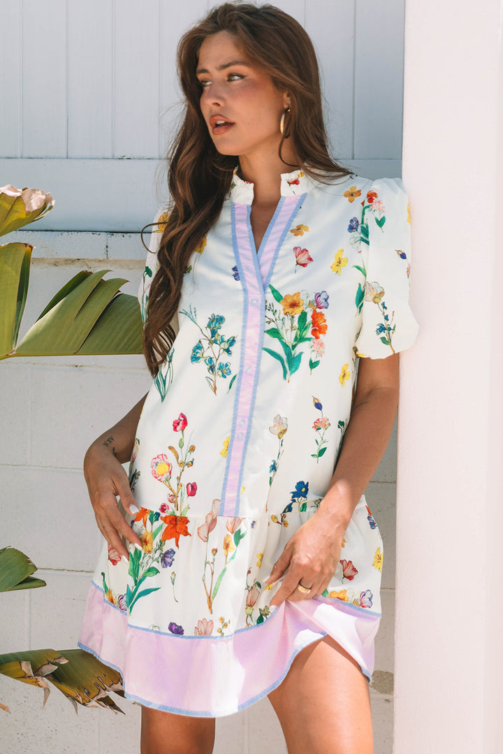 Floral Print Contrast Striped Patchwork Short Puff Sleeve Dress
