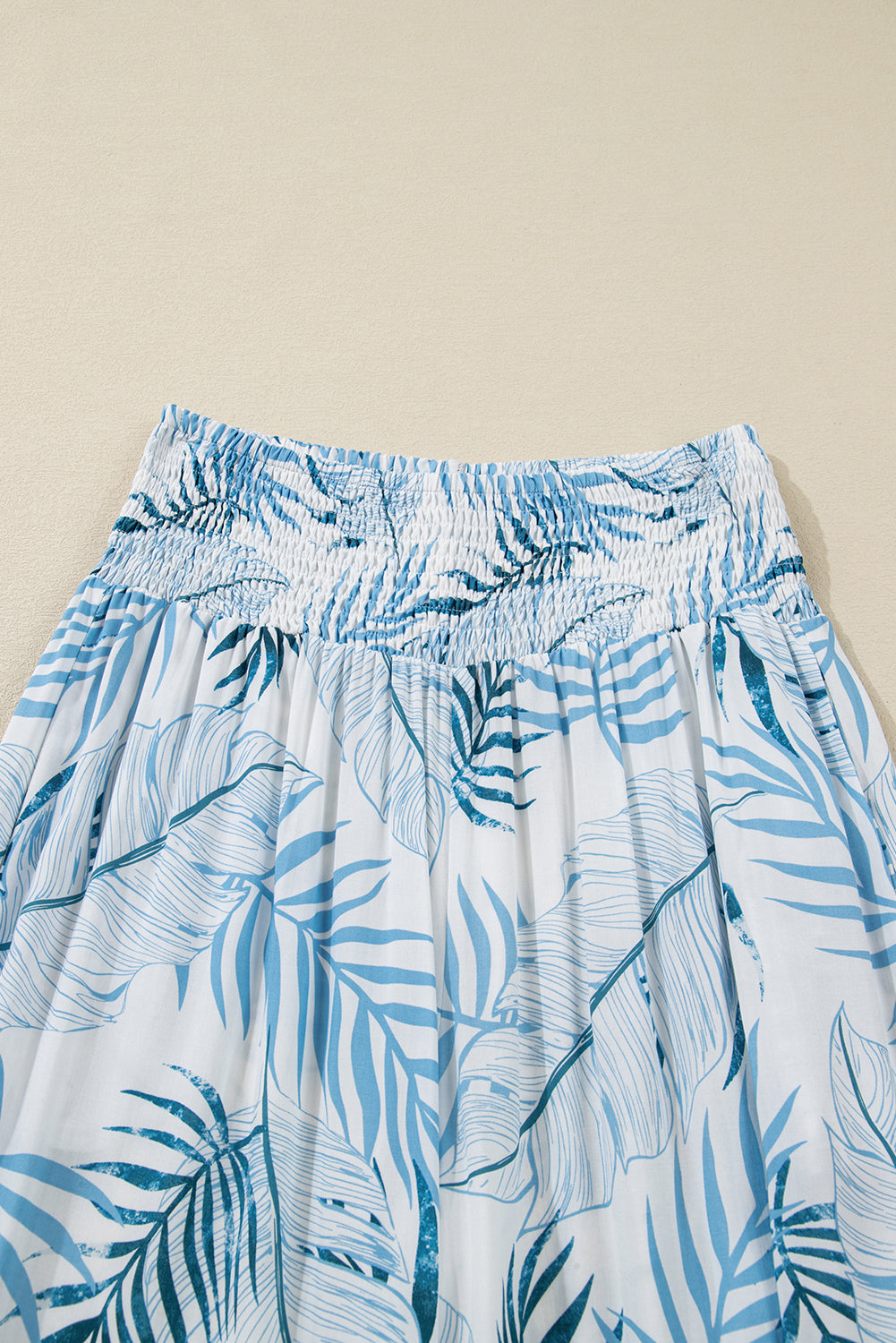 Sky Blue Botanic Print Shirred Waistband Wide Leg Pants