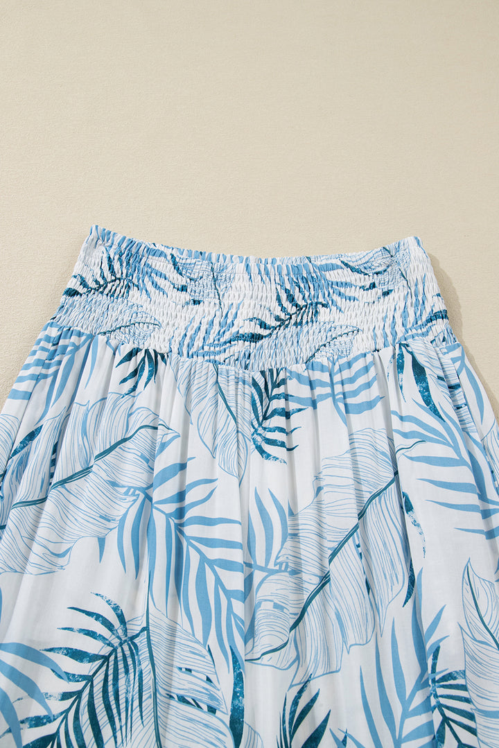Sky Blue Botanic Print Shirred Waistband Wide Leg Pants