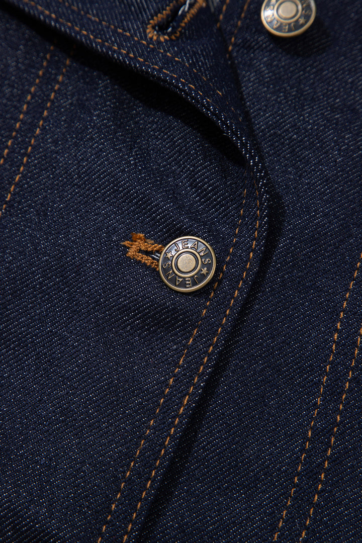 Navy Blue Contrast Collar Stitched Detail Button Denim Jacket