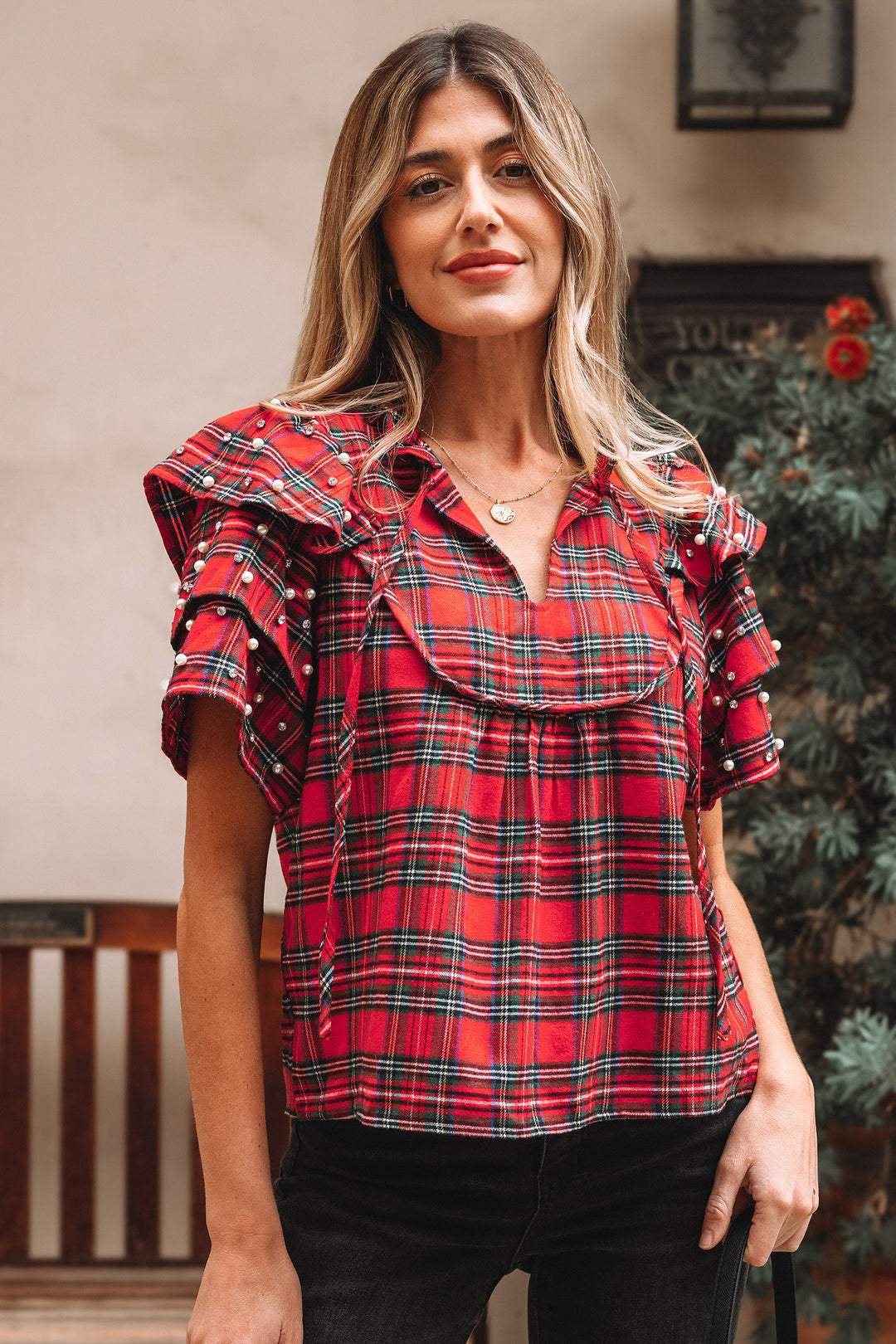 Festive Plaid Pearl Embellished Ruffle Short Sleeve Blouse