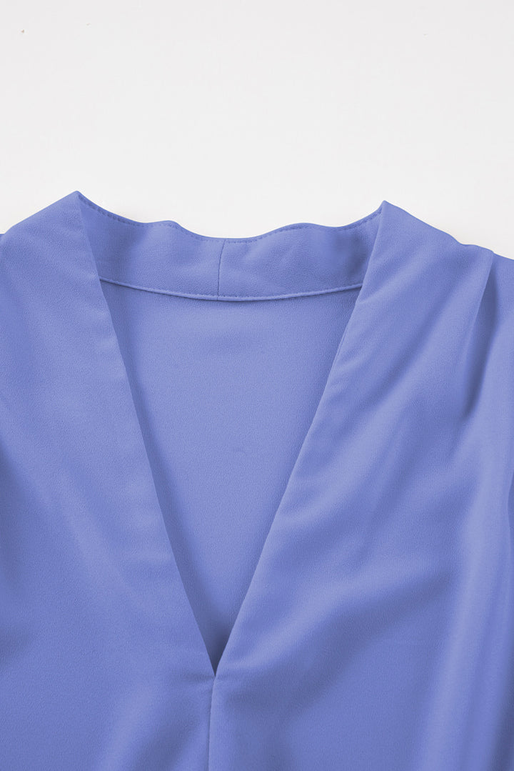 Sky Blue Solid Color V Neck Breezy Long Sleeve Blouse