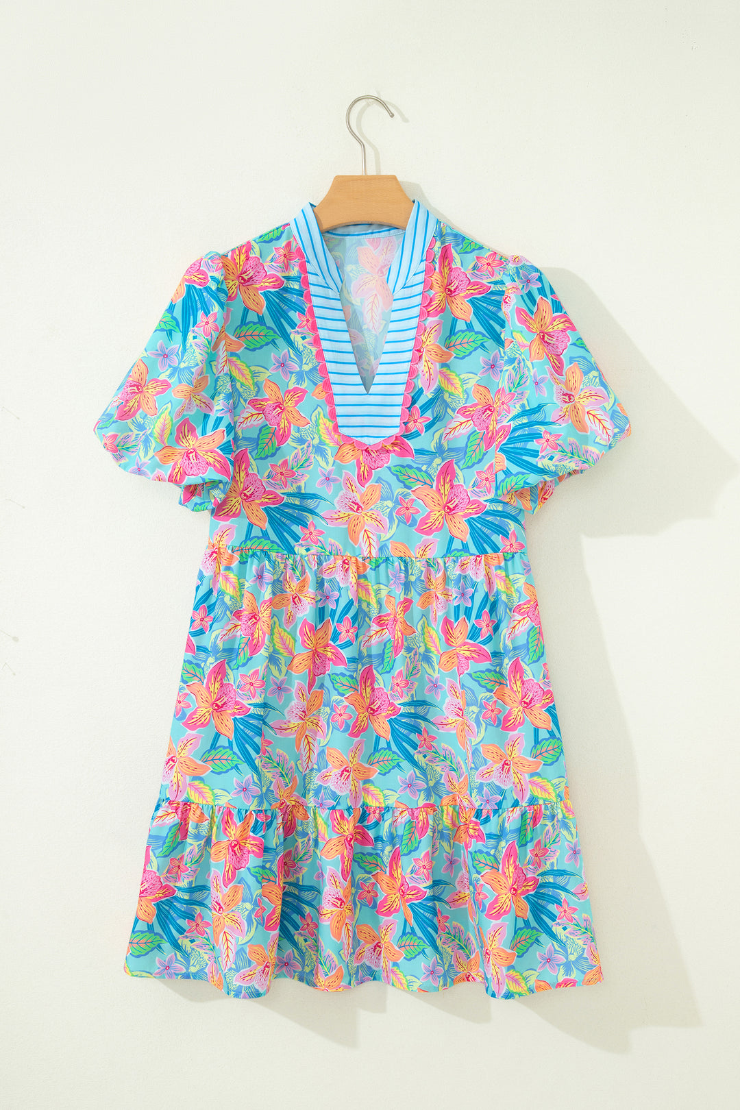 Multicolour Floral Print Contrast Scallop Striped Trim V Neck Dress