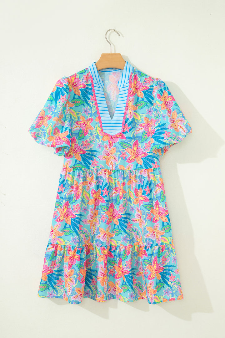 Multicolour Floral Print Contrast Scallop Striped Trim V Neck Dress