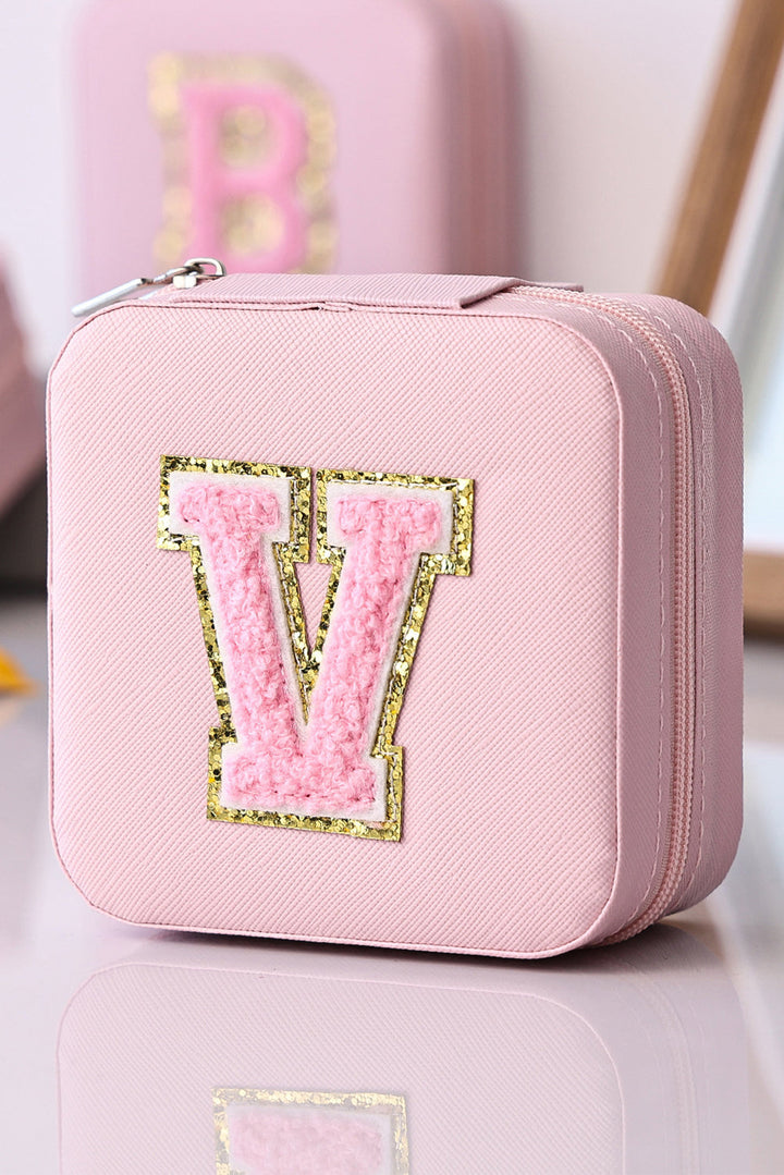 Glitter Chenille V Letter Mini Square Jewery Box with Mirror