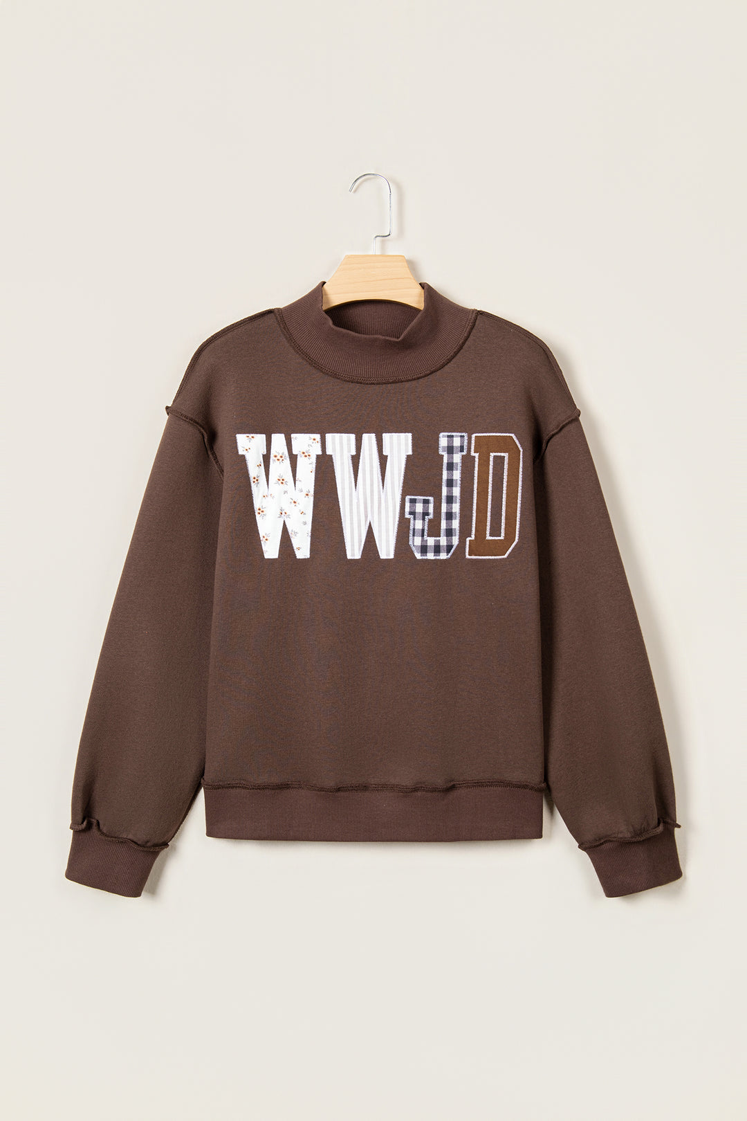 Coffee WWJD Mixed Pattern Embroidered Patch Graphic Mock Neck Sweatshirt