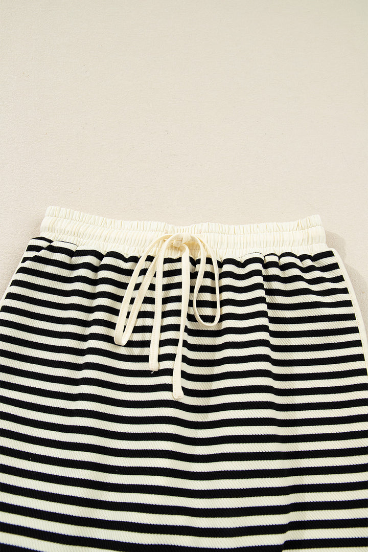 Black Stripe Textured Pullover Top Drawstring Mini Skort Two Piece Dress Set