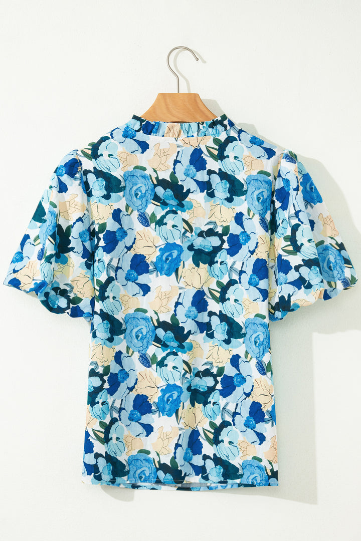 Floral Print Short Puff Sleeve V Neck Blouse