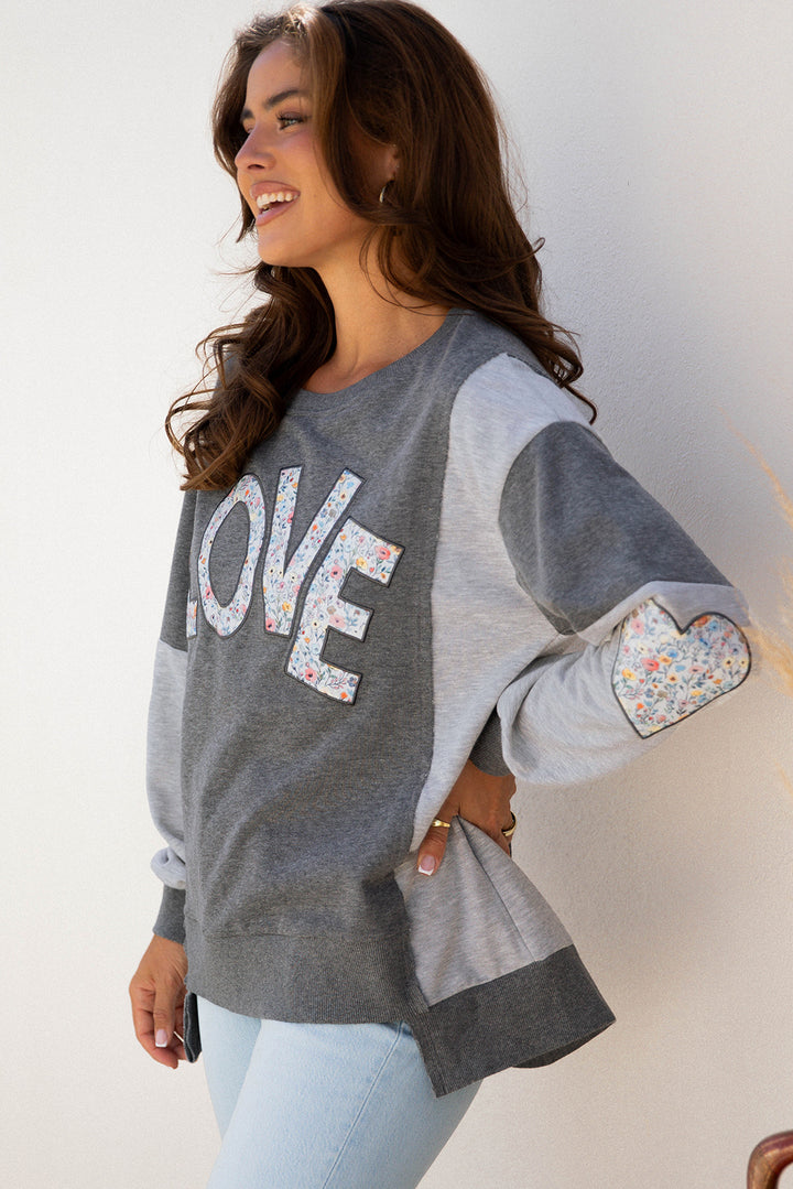 LOVE Graphic Exposed Seam Patchwork Uneven Hem Chic Sweatshirt