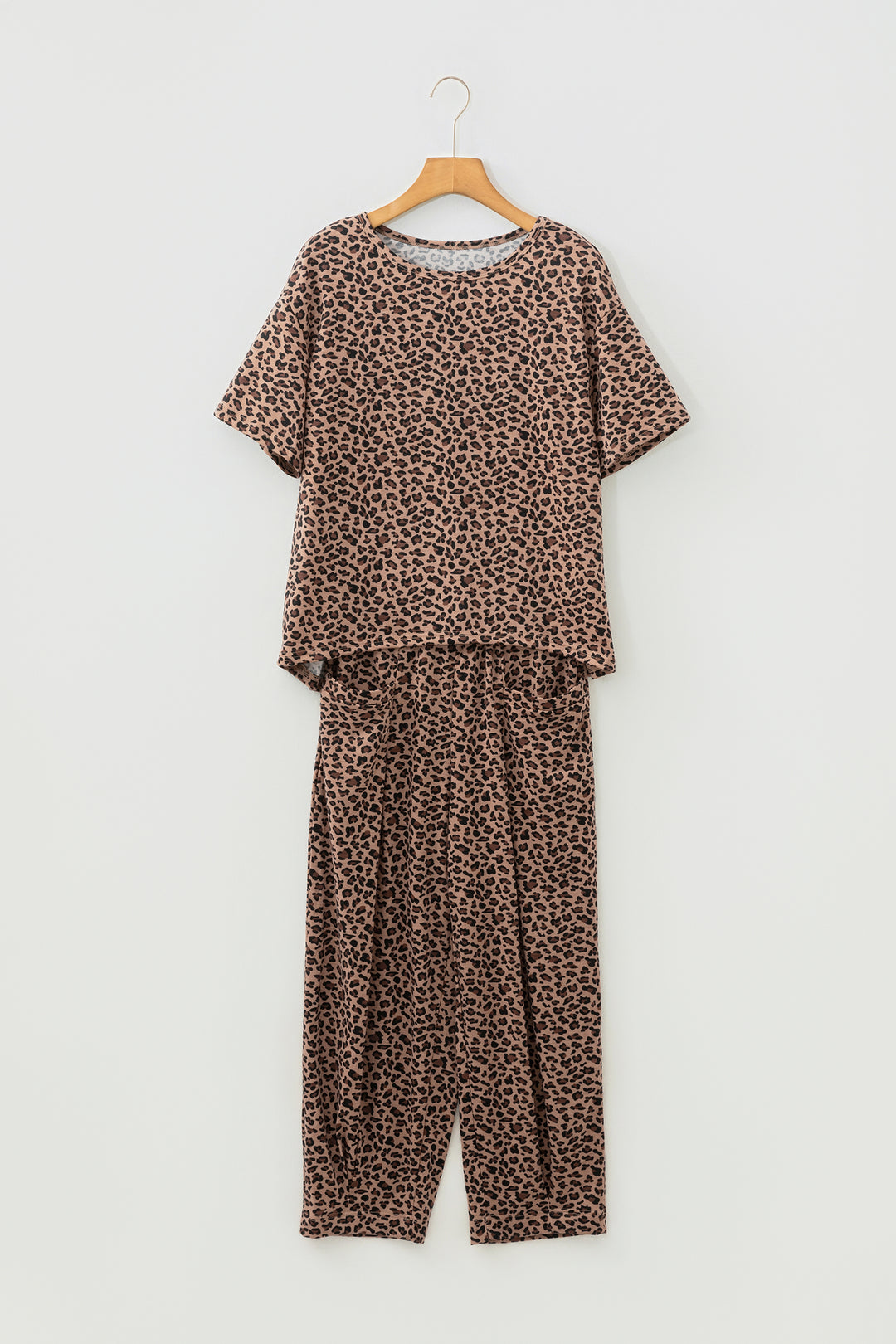 Brown Leopard High-Low Loose Tee Ankle Length Pants Set