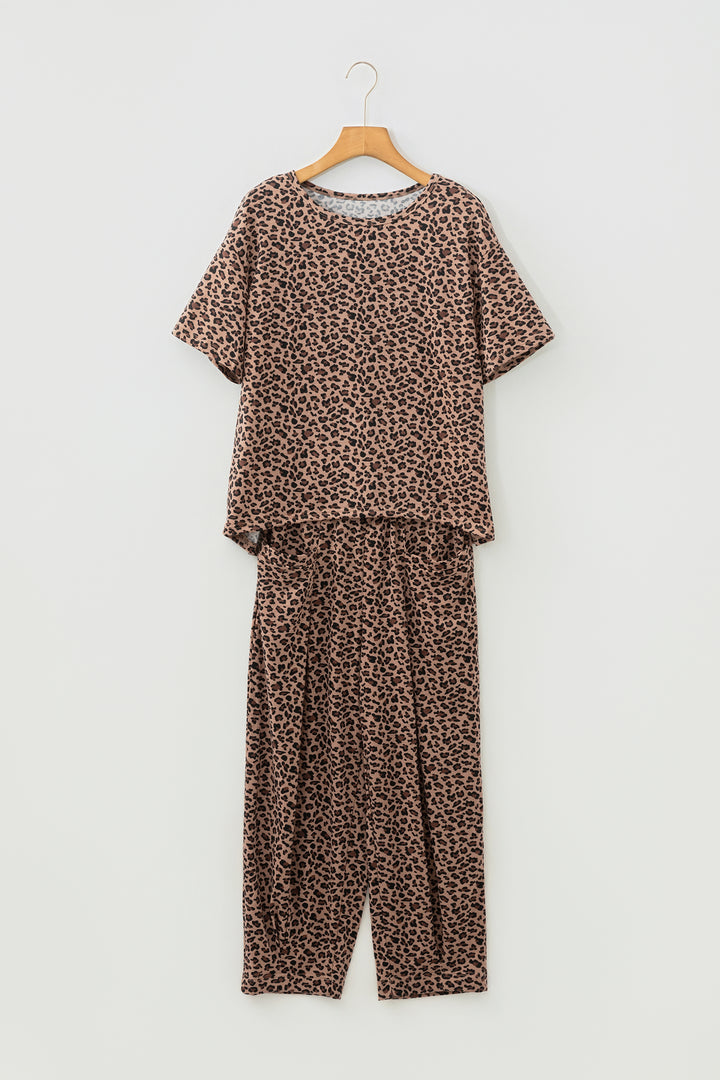 Brown Leopard High-Low Loose Tee Ankle Length Pants Set