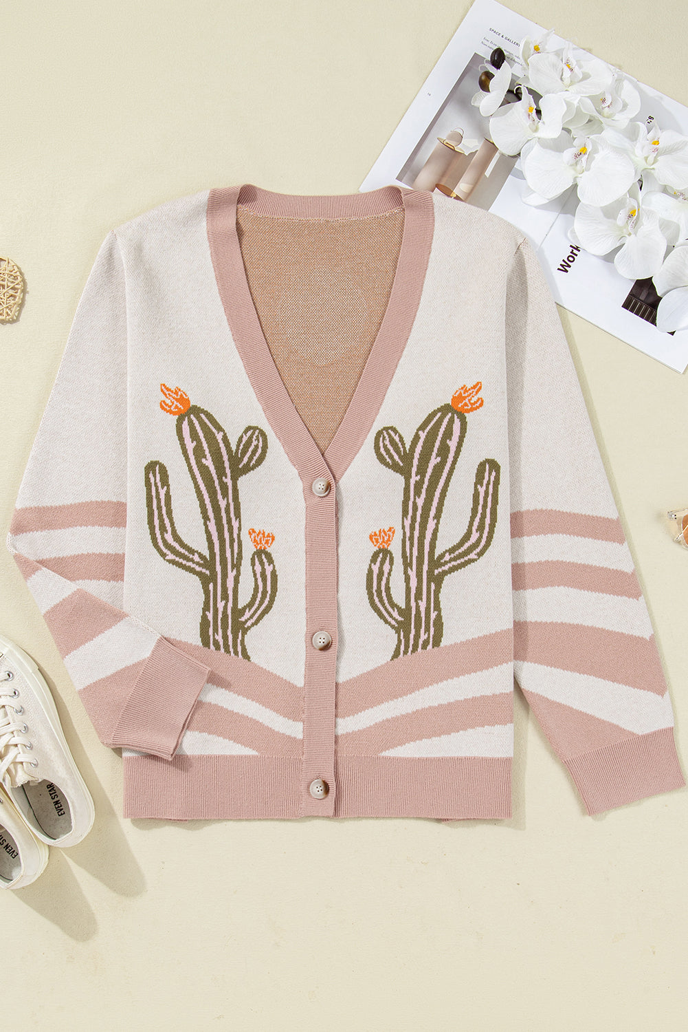 Apricot Western Desert Cactus Print Plus Size Button Cardigan Sweater