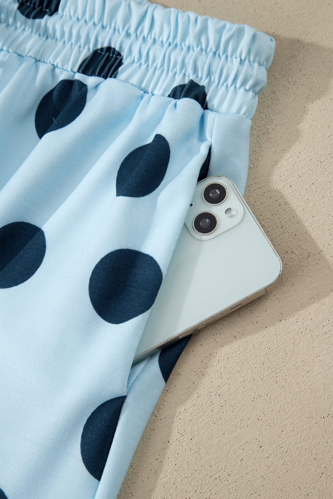 Sky Blue Polka Dot Print Loose Tee Drawstring Elastic Waist Short Set
