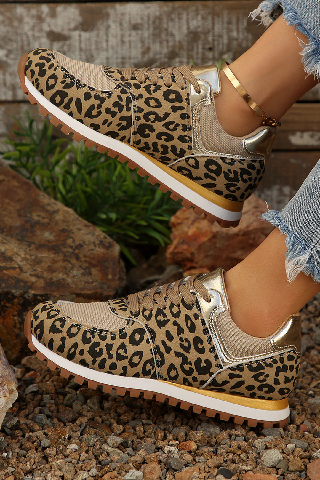 Leopard Faux Suede Mixed Patchwork Lace Up Sneakers