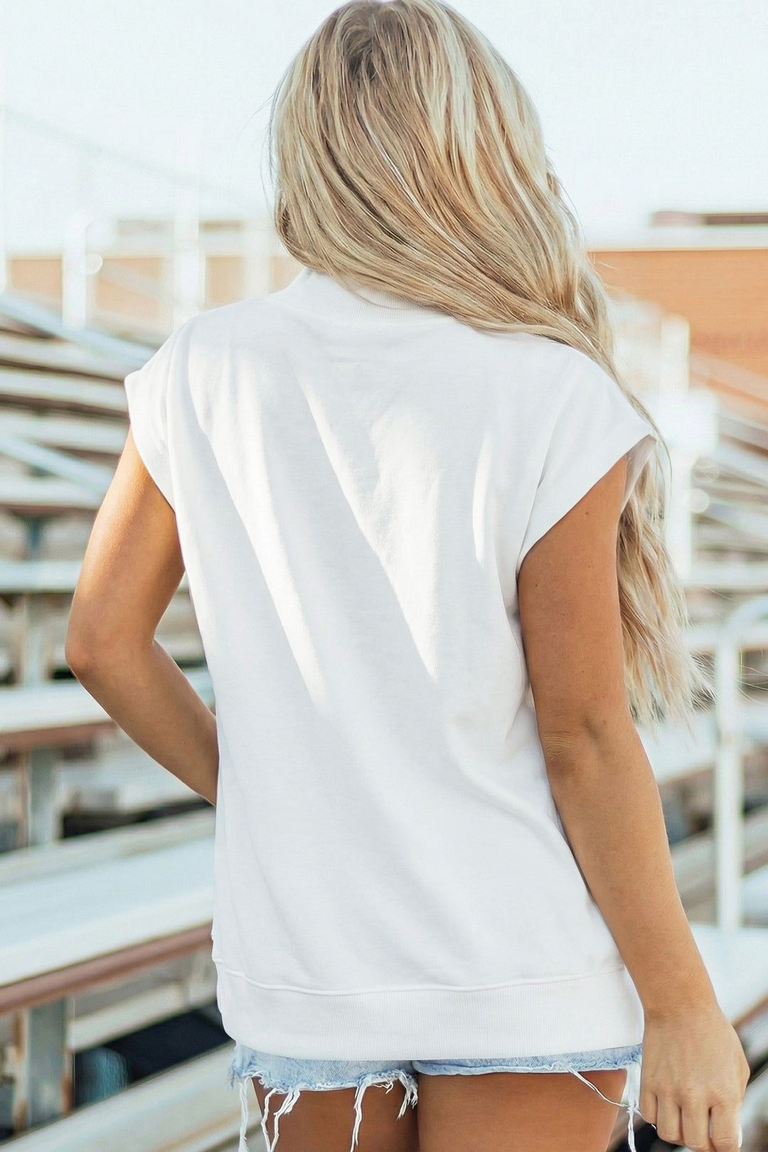 White Solid Color High Neck Cap Sleeve Loose Top