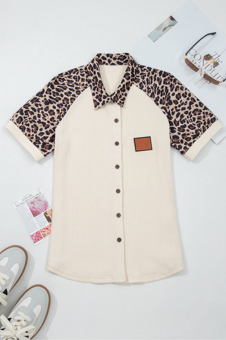 White Ribbed Texture Button Down Leopard Patchwork Short Sleeve Shirt