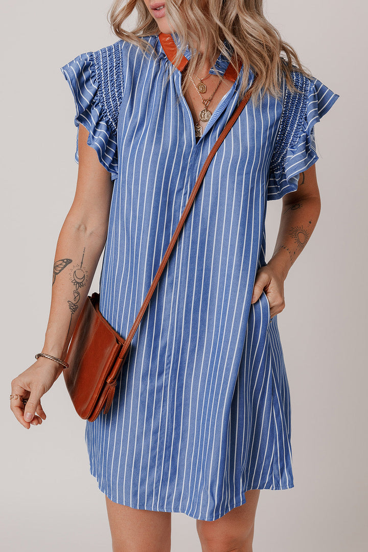 frilly split neck shirred ruffle sleeve short shift dress