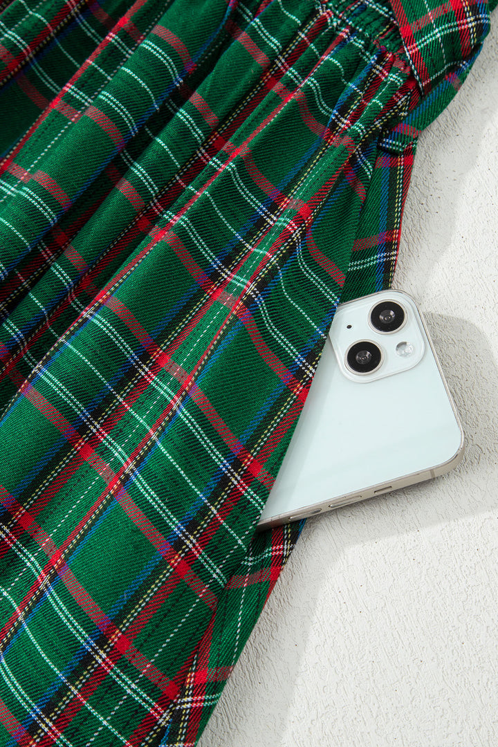 Green Tartan Plaid Square Neck Knot Waist Flared Midi Dress