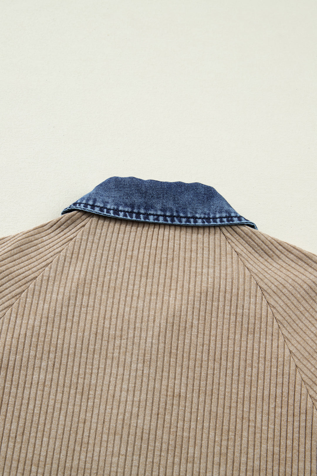 Beige Ribbed Knit Denim Patchwork Button Polo Collar Cuffed Long Sleeve Top