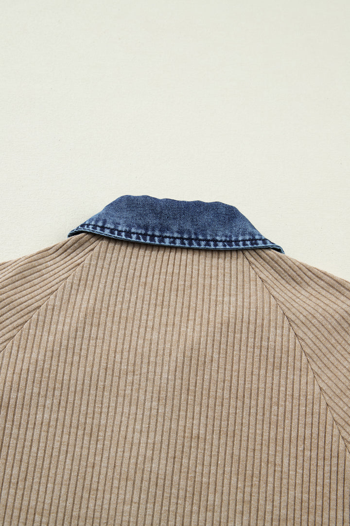 Beige Ribbed Knit Denim Patchwork Button Polo Collar Cuffed Long Sleeve Top