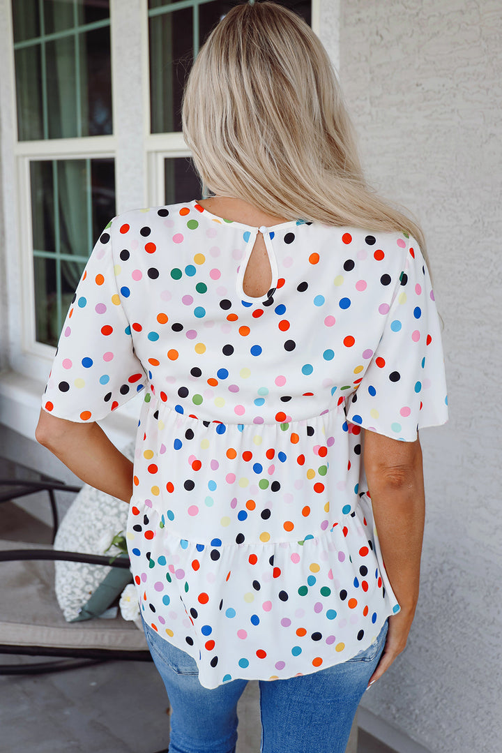 Colorful Polka Dot Short Sleeve Tiered Ruffled Babydoll Blouse