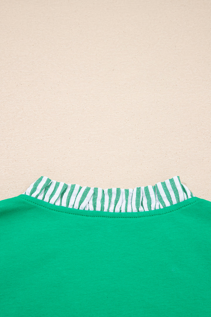 Dark Green Plus Size Button Front Ruffled Stripe Trim V Neck Flutter Sleeve Blouse