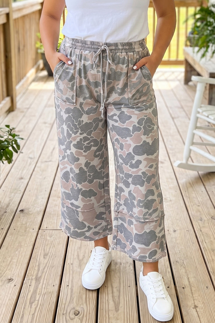 Khaki Camouflage Print Ankle-Length Plus Size Pants