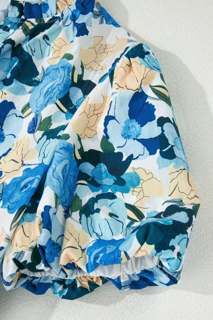 Floral Print Short Puff Sleeve V Neck Blouse