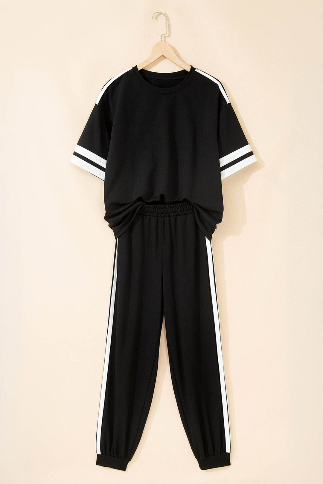 Black Varsity Striped Detail Loose Tee Jogger Pants 2pcs Outfit
