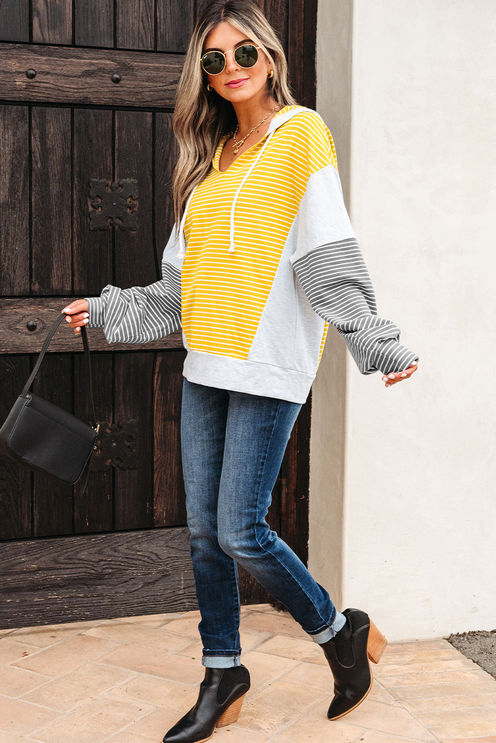 Color Block Drawstring V Neck Loose Fit Hooded Top
