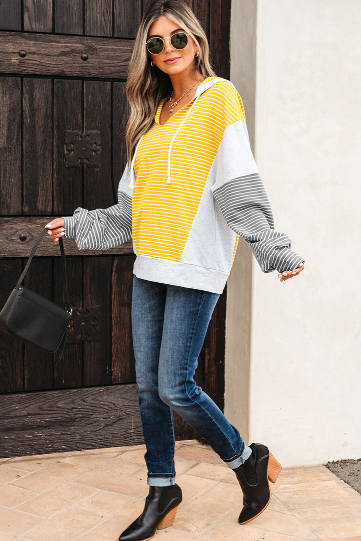 Color Block Drawstring V Neck Loose Fit Hooded Top