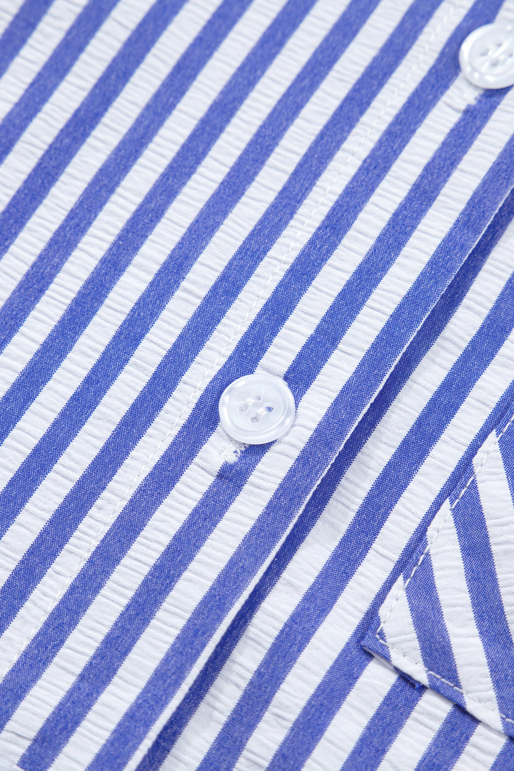 Sky Blue Stripe Lily Floral Embroidered Puff Sleeve Button Down Shirt