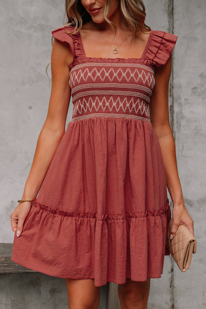 Geometric Stitch Shirred Bodice Ruffled Trim Sleeveless Mini Dress