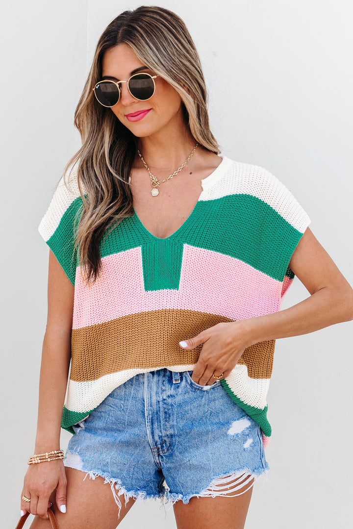 Color Block Notch V Neck Sweater T Shirt