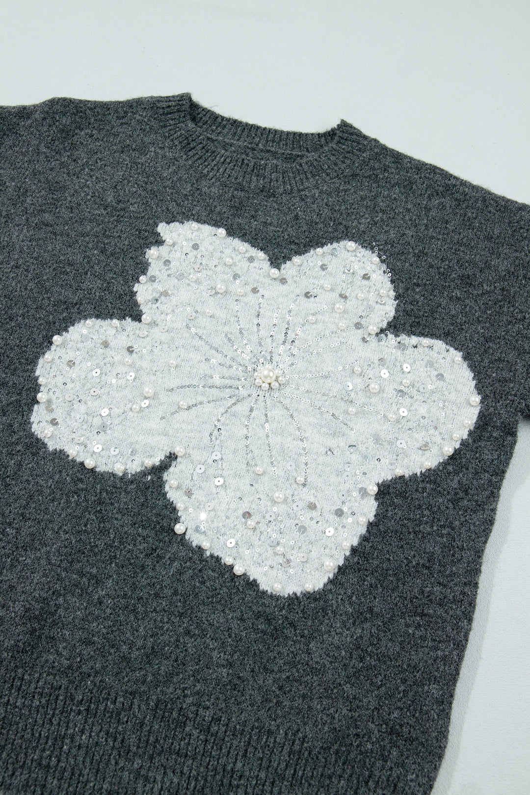 Dark Grey Beaded Floral Accent Casual Round Neck Sweater
