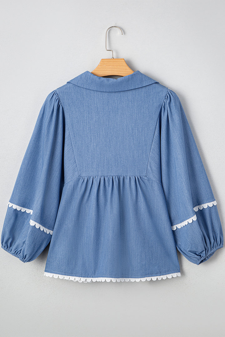 Lace Ric Rac 3/4 Puff Sleeve Collared Babydoll Blouse