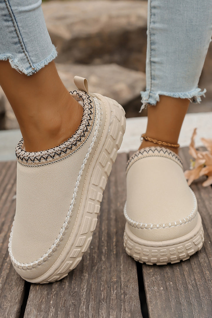 Contrast Stitch Detail Faux Suede PU Patchwork Plush Winter Clog Slippers