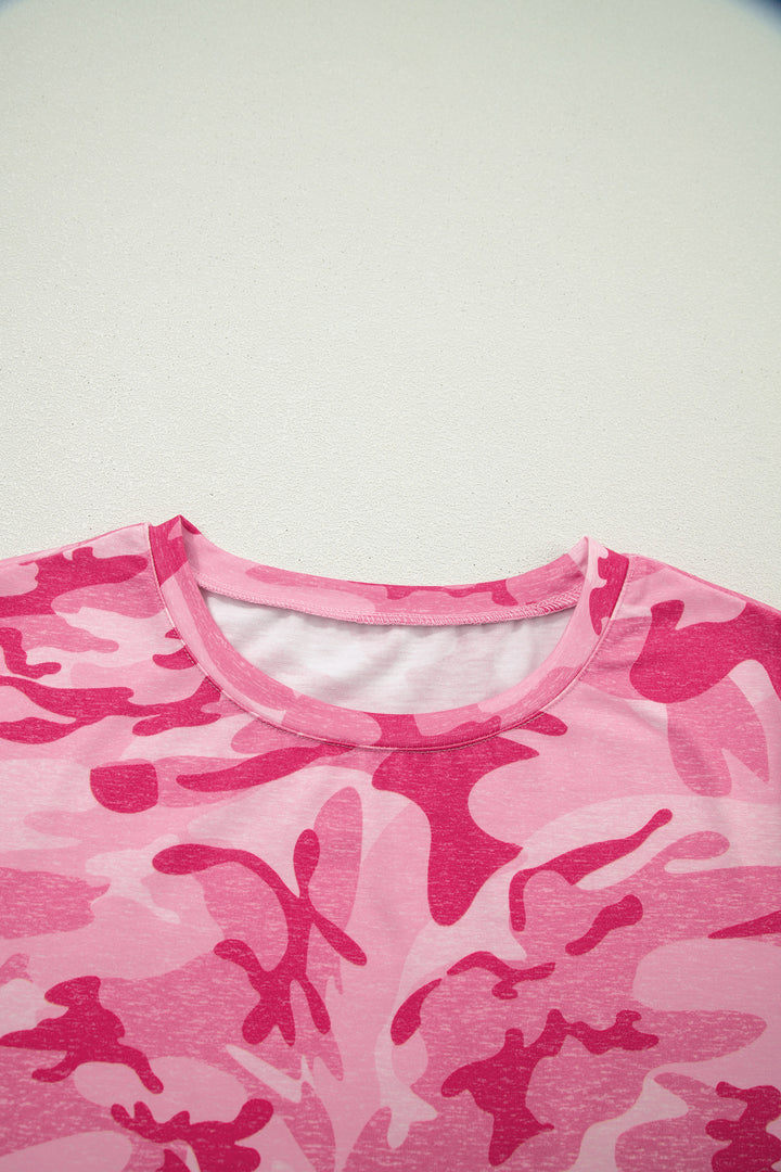 Pink Camouflage Print Crew Neck T Shirt
