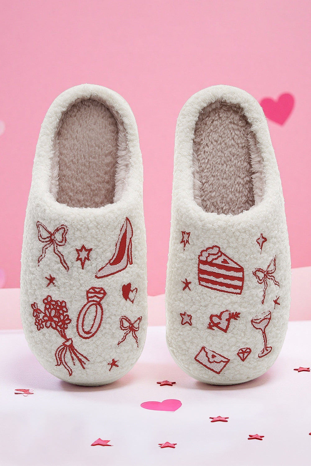 Plush Asymmetric Wedding Doodles Embroidered Slippers