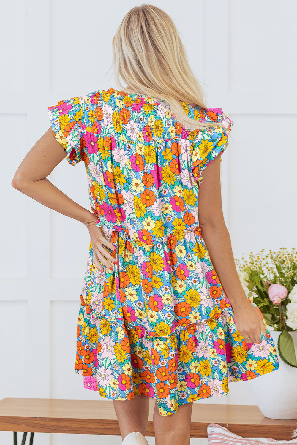 Floral Print Smocked Notch V Neck Flutter Sleeve Mini Dress
