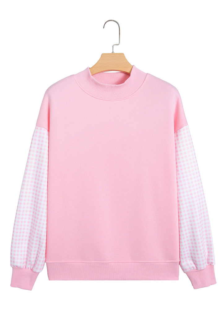 Pink Plaid Sleeve Colorblock Loose Tunic Sweatshirt