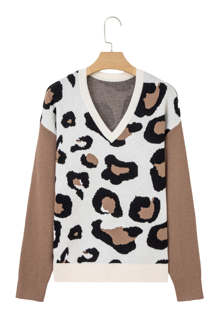 Leopard Print Color Block Patchwork Sleeve V Neck Sweater