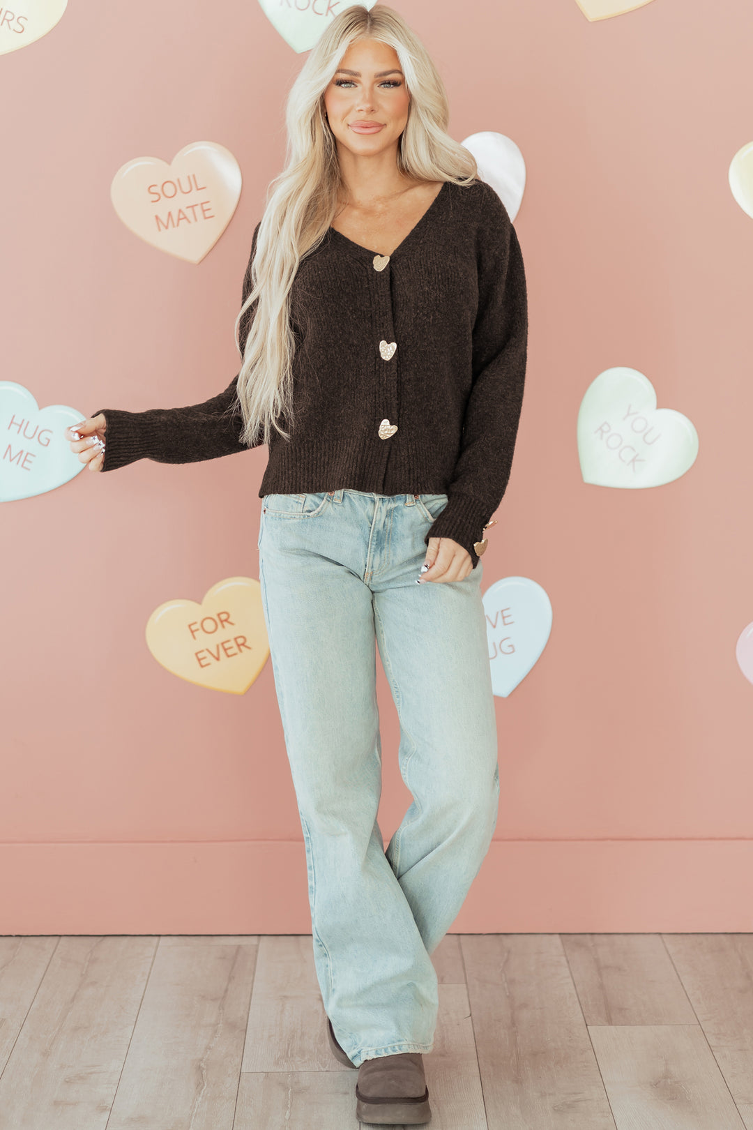 Heart Metal Button V Neck Cardigan Sweater