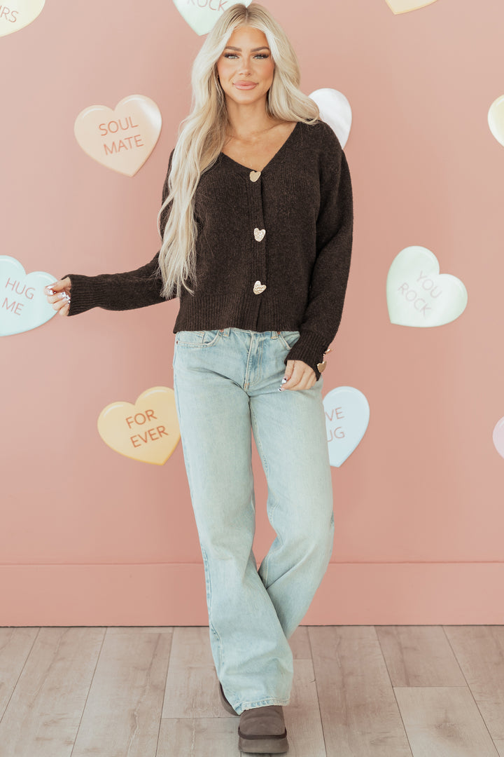 Heart Metal Button V Neck Cardigan Sweater