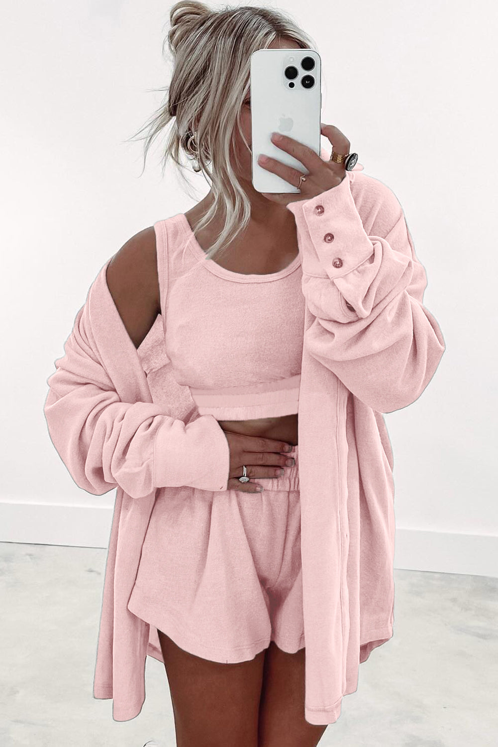 Pink 3 Pcs Crop Tank Top Shorts with Cardigan Lounge Set
