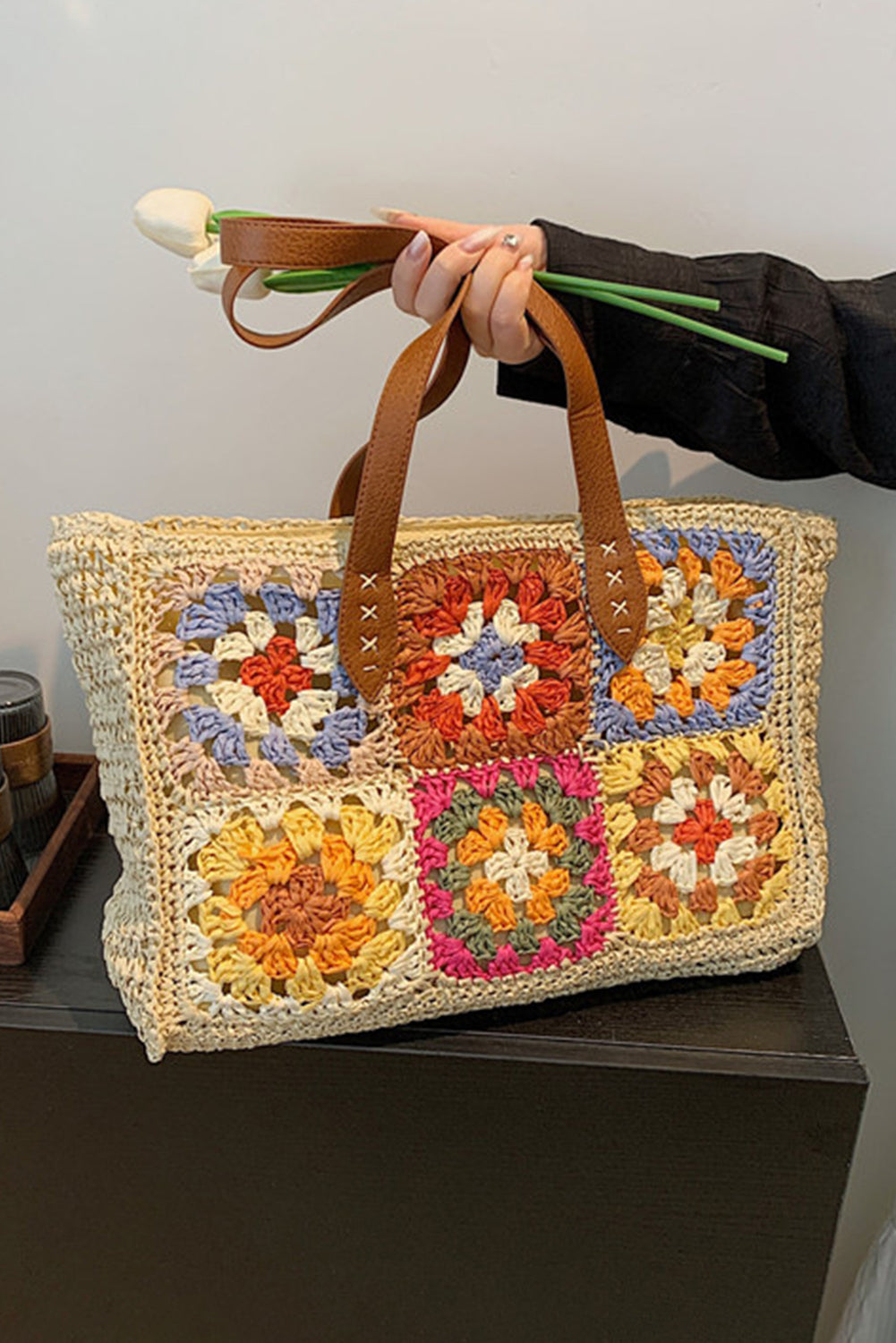 Grand sac fourre-tout carré en crochet floral