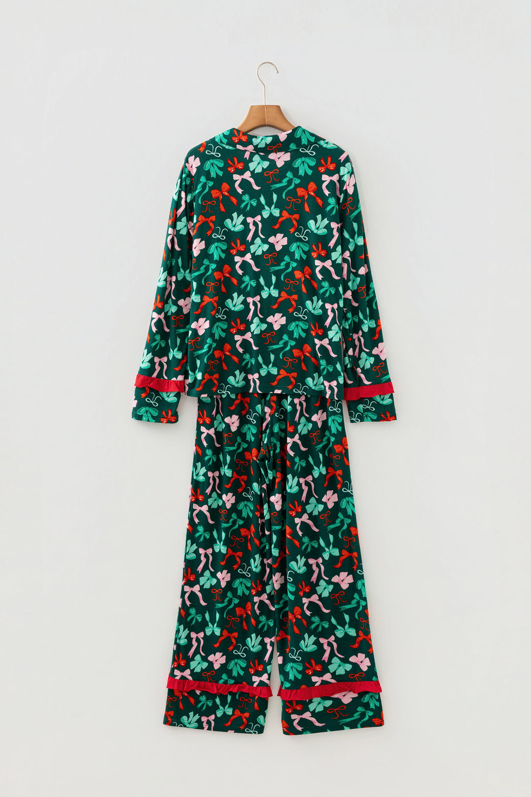 Green Festive Bow Print 2pcs Pajama Pant Set